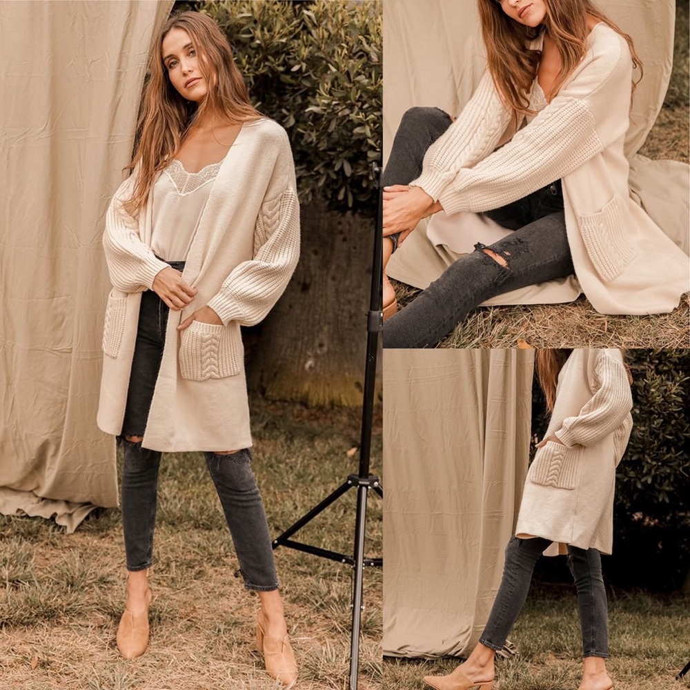 Cream Cable Knit Balloon Sleeve Cardigan Sweater